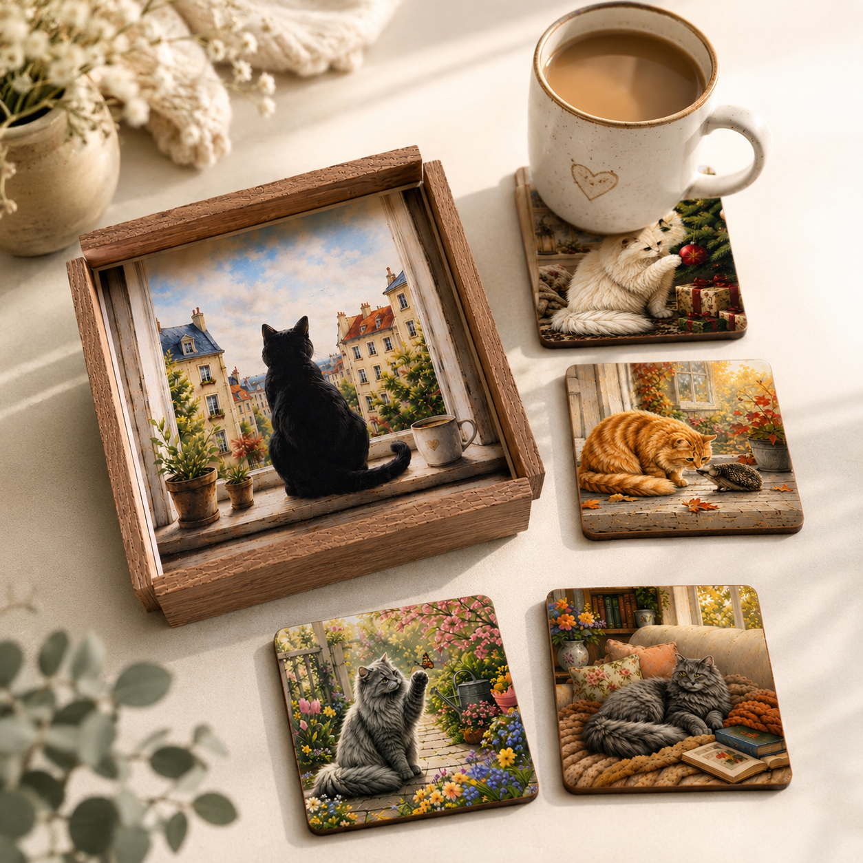 Holztablett-Set mit 4 Untersetzern – Katzenmotiv für Katzenliebhaber