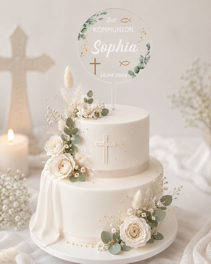 Personalisierter Caketopper Kommunion auf weißer Torte – Acryl glasklar mit Eukalyptus und Gold