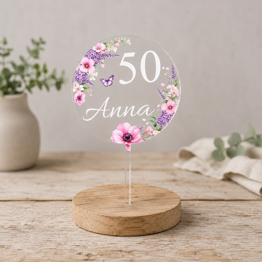 Caketopper Geburtstag Frau Acryl klar mit Blumen – personalisiert Name & Zahl runder Geburtstag edel