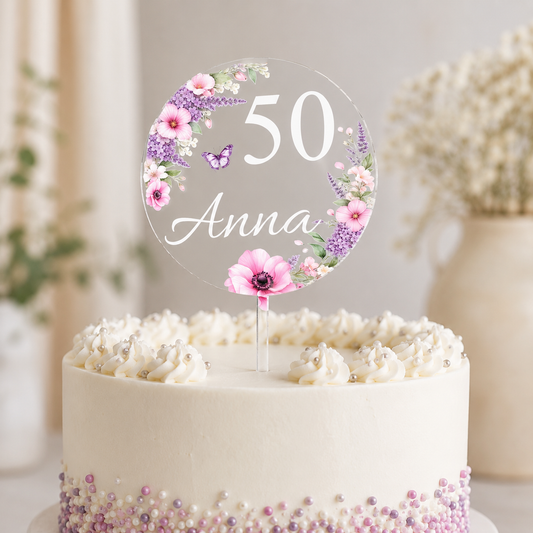 Tortenstecker Geburtstag Frau personalisiert Acryl glasklar – Blumen Schmetterling Name Zahl Caketopper