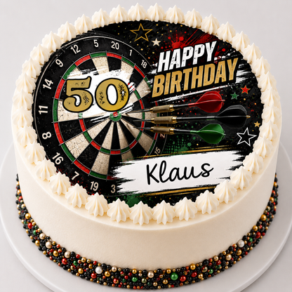 Geburtstagstorte mit Tortenaufleger Dartscheibe personalisiert – Zuckerbild Dartfan Geburtstag