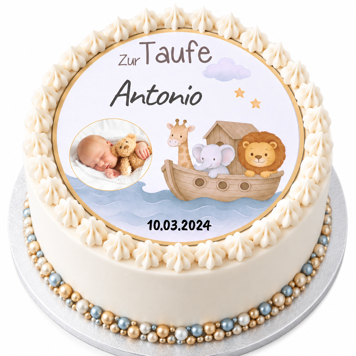 Tortenaufleger Taufe mit Arche & Tieren – personalisiert mit Name, Datum und Foto