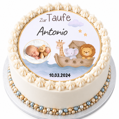 Tortenaufleger Taufe mit Arche & Tieren – personalisiert mit Name, Datum und Foto
