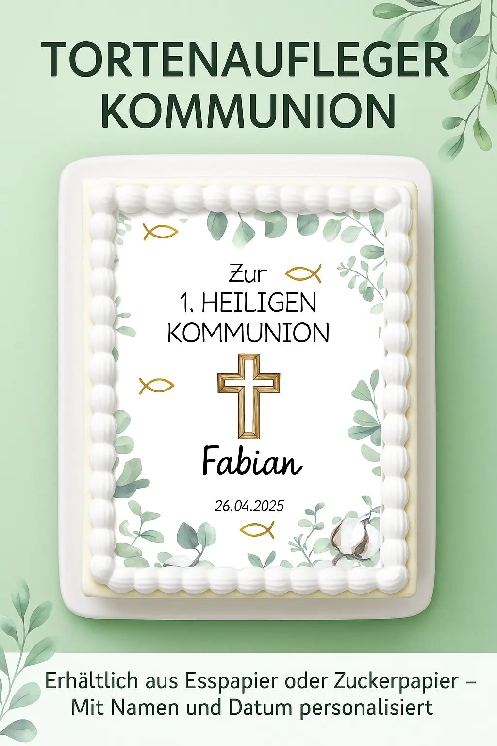 Tortenaufleger Kommunion Eukalyptus Kreuz Grün - Funny Bake