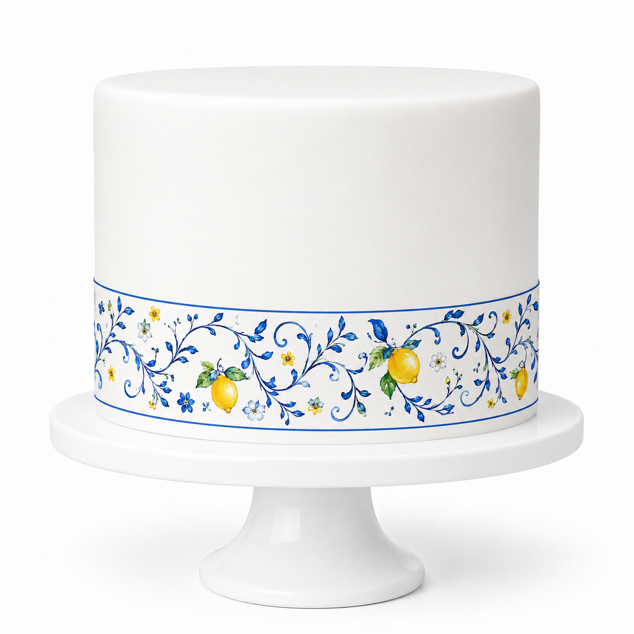 Tortenband essbar Zitrone Blau Amalfi Muster auf weisser Torte – Funny Bake