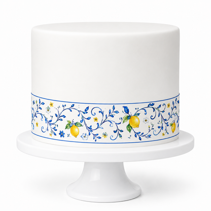 Tortenband essbar Zitrone Blau Amalfi Muster auf weisser Torte – Funny Bake