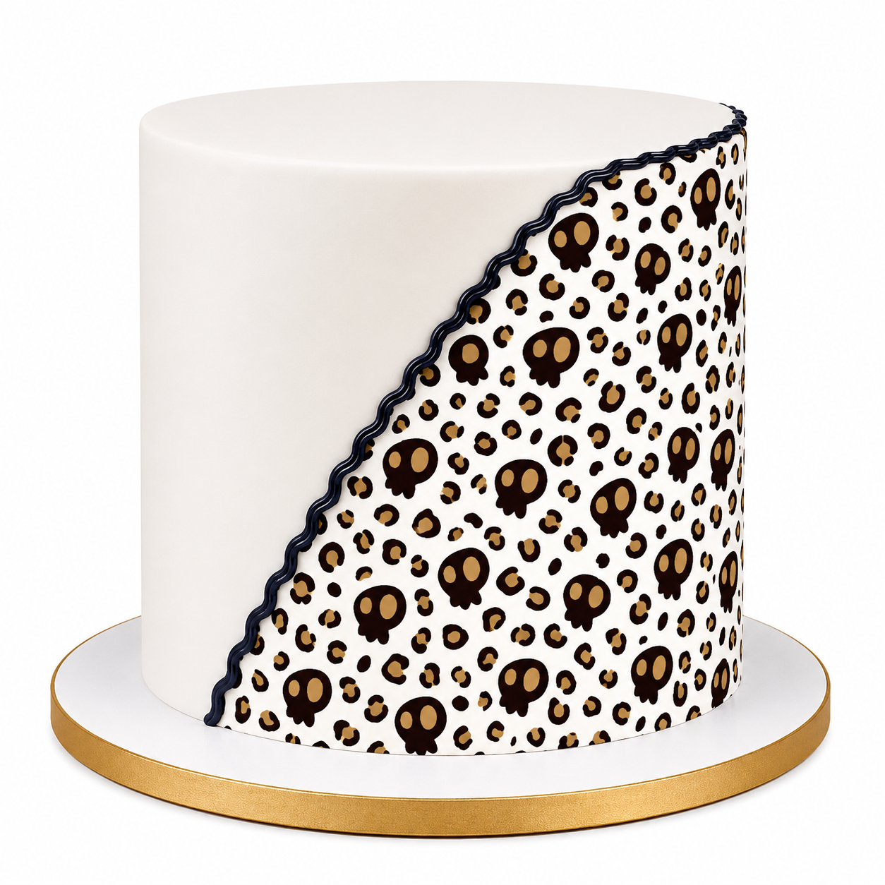 Tortenbild Leopard Skulls auf weißer Torte – seitliche Ansicht