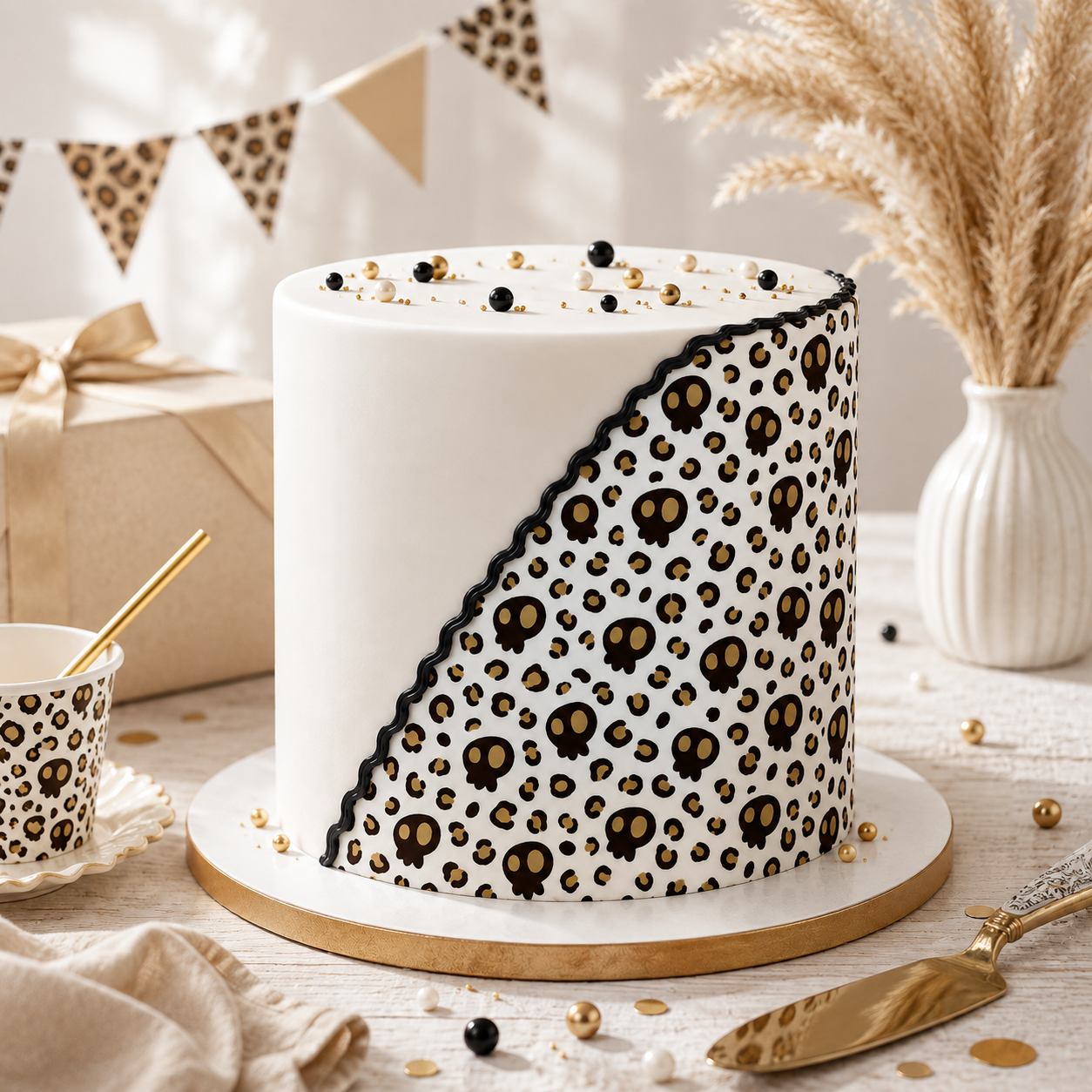 Tortenbild Leopard Skulls auf Torte – Lifestyle-Foto mit Deko