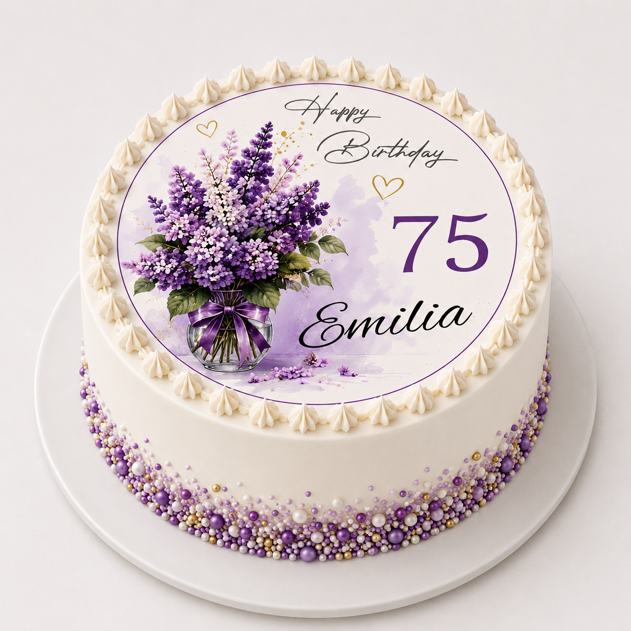 Tortenaufleger Flieder Lila auf weißer Torte – runder Geburtstag Frau 50 60 75 80 90