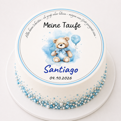 Tortenaufleger Taufe Junge Bär mit Ballon personalisiert