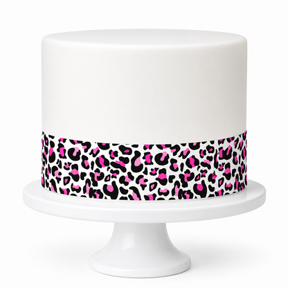 Tortenband Leopardenmuster Pink auf weißer Torte – essbares Zuckerpapier, 3 Bänder à 26 x 5 cm zum Selbstzuschneiden
