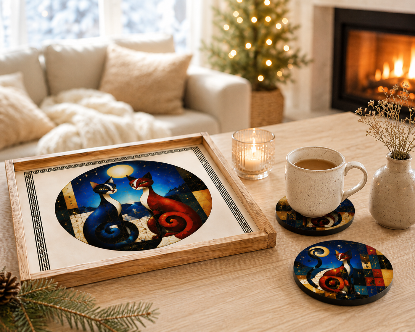 Holztablett-Set mit 4 Untersetzern - Katzenmotiv Moderne Kunst | Handmade