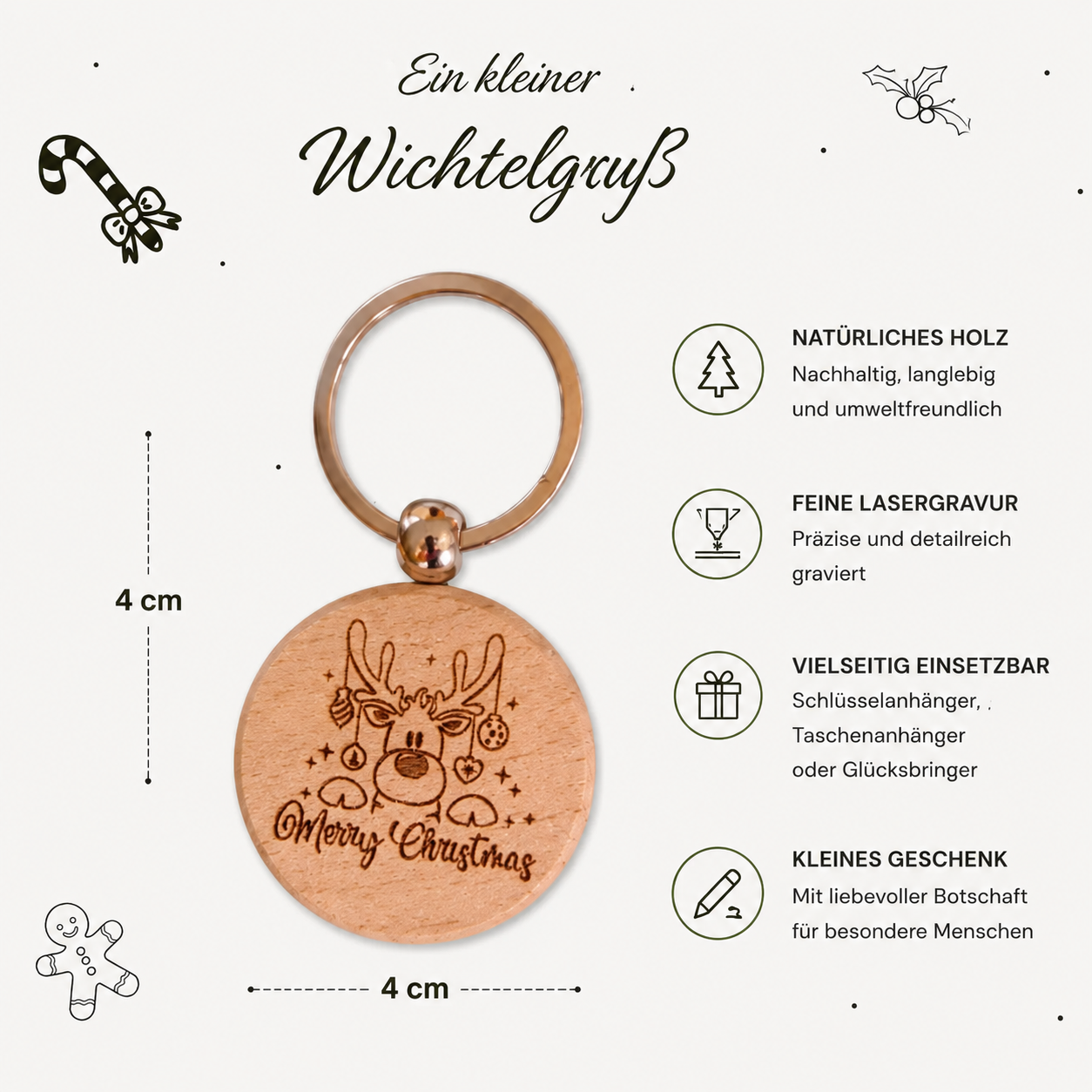 Holz-Schlüsselanhänger Rentier – kleines Weihnachtsgeschenk mit Gravur