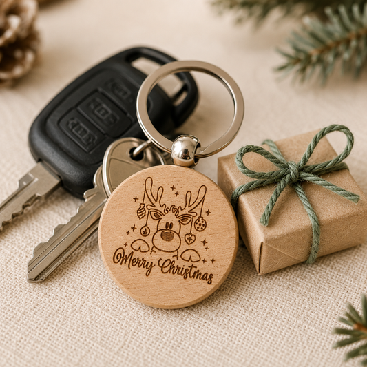 Holz-Schlüsselanhänger Rentier – kleines Weihnachtsgeschenk mit Gravur