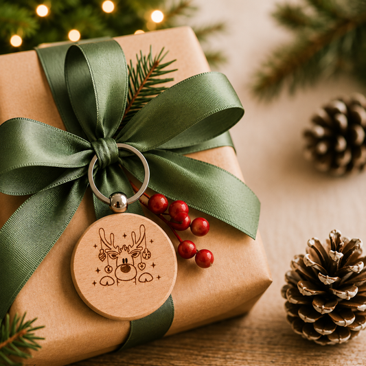 Holz-Schlüsselanhänger Rentier – kleines Weihnachtsgeschenk mit Gravur