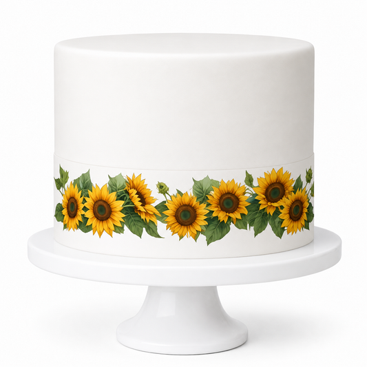 Tortenband Sonnenblumen mit Grün – essbare Tortendekoration