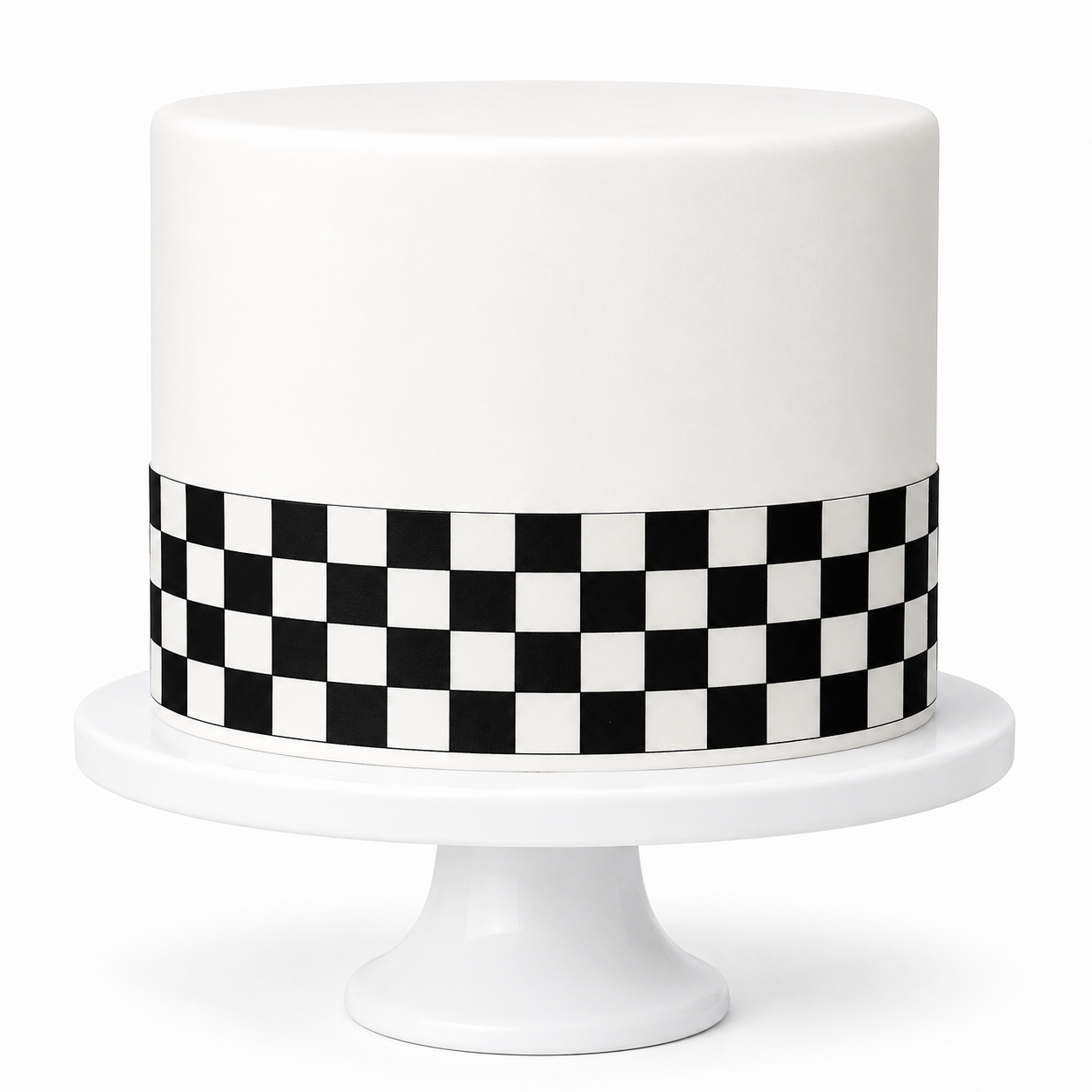 KI | Tortenband Karos schwarz-weiß auf weißer Torte – Rennstrecken-Look, essbares Zuckerpapier
