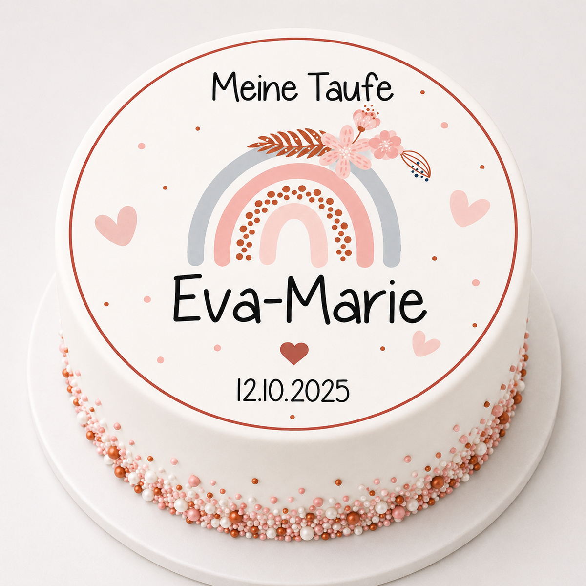 Tortenaufleger Taufe Regenbogen Boho orange – personalisiert mit Name & Datum