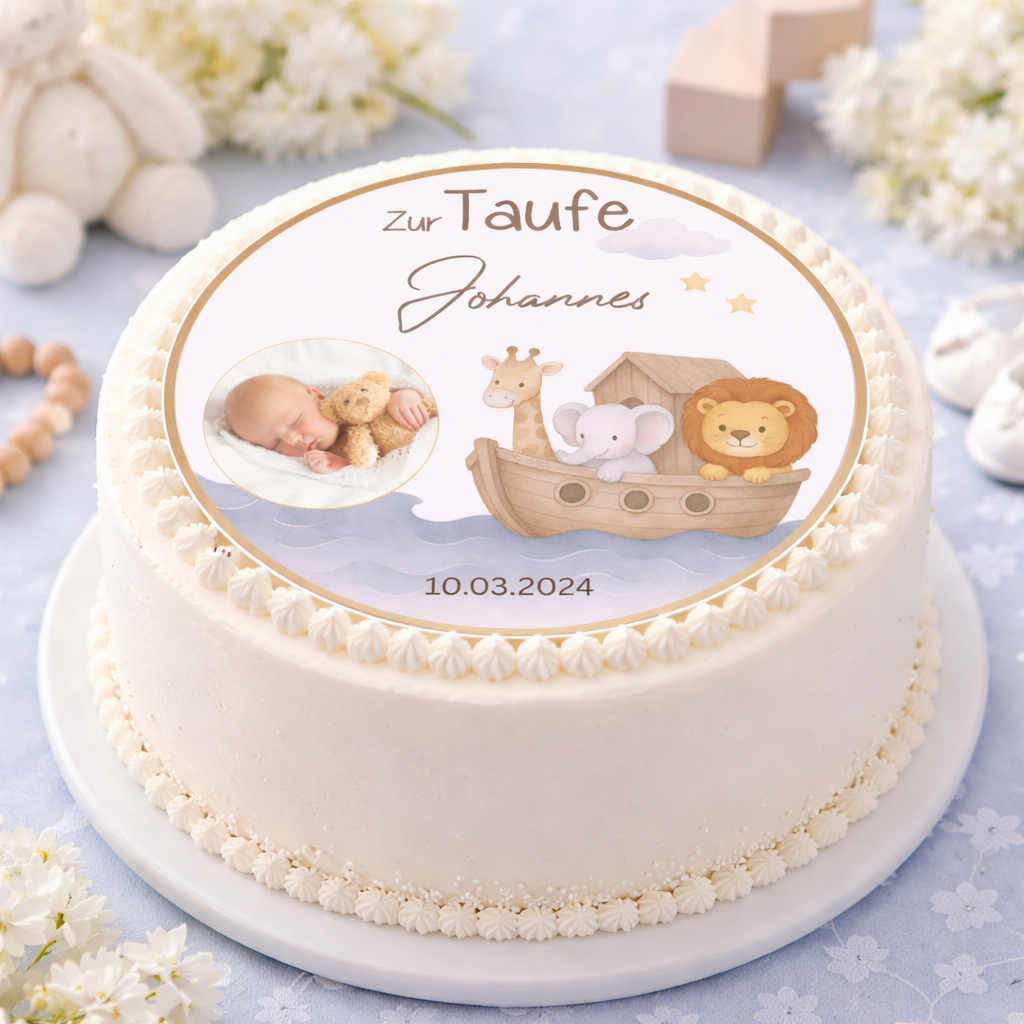 Tortenaufleger Taufe mit Arche & Tieren – personalisiert mit Name, Datum und Foto