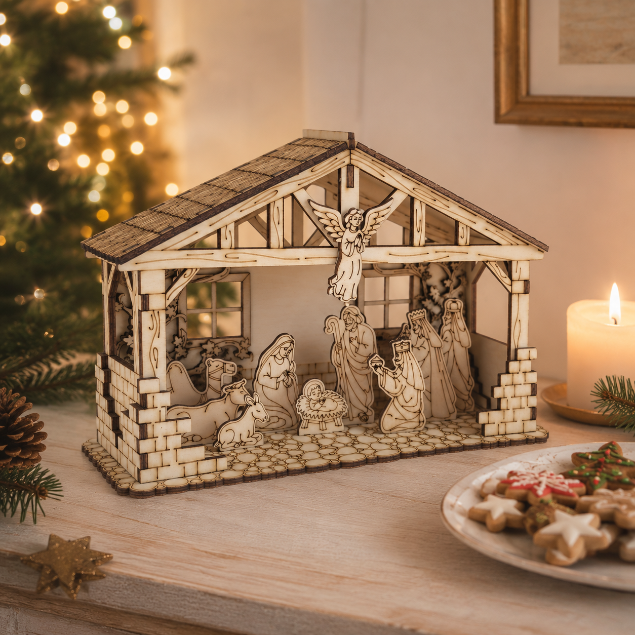 Weihnachtliche Holzkrippe aus Pinienholz – Weihnachtsdekoration mit feiner Gravur