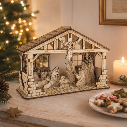 Weihnachtliche Holzkrippe aus Pinienholz – Weihnachtsdekoration mit feiner Gravur