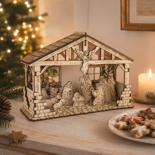 Weihnachtliche Holzkrippe aus Pinienholz – Weihnachtsdekoration mit feiner Gravur