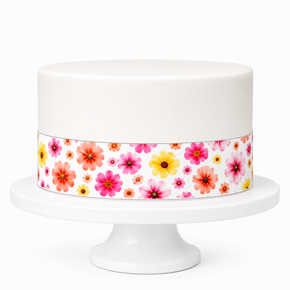 KI | Tortenband Flower Power Blumen auf Tauftorte – Pink Orange Gelb, essbares Zuckerpapier