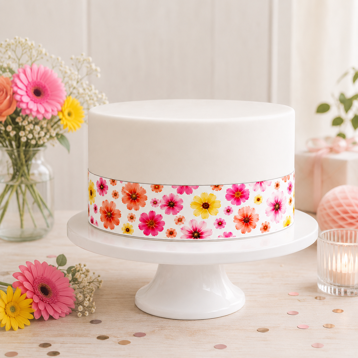 KI | Tortenband Blumen Sommer auf weißer Torte mit Blumendeko im Hintergrund – essbares Zuckerpapier Flower Power