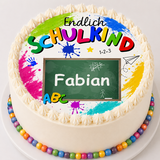 Tortenaufleger Einschulung endlich Schulkind – bunt mit Schultafel, personalisiert mit Name