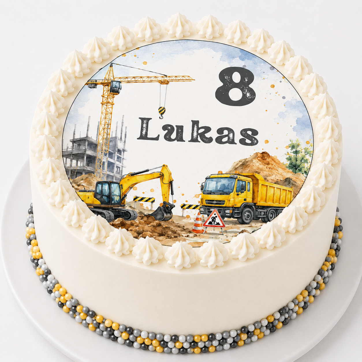 Essbarer Tortenaufleger Baustelle rund 20 cm – personalisierbar mit Name und Alter, Kindergeburtstag