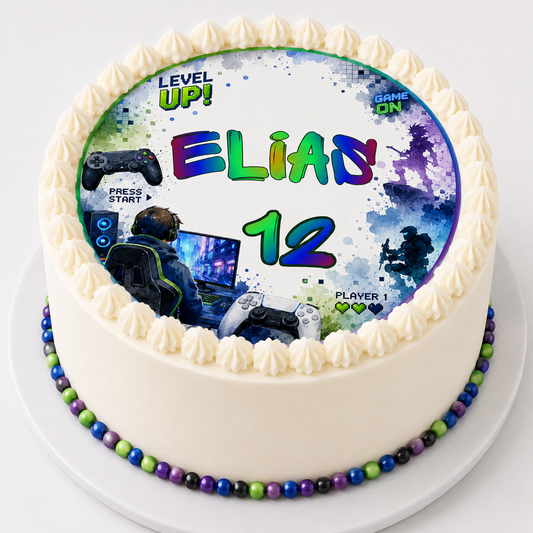 Essbarer Tortenaufleger Gaming rund 20 cm – personalisierbar mit Name und Zahl, Zocker Geburtstag