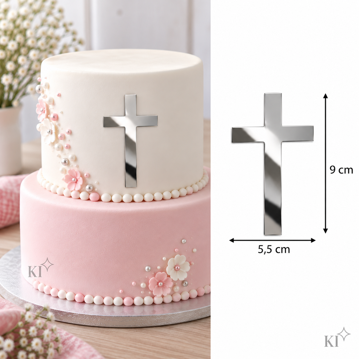 Kreuz aus Acryl mit Spiegeloptik – Tortendeko Taufe Kommunion