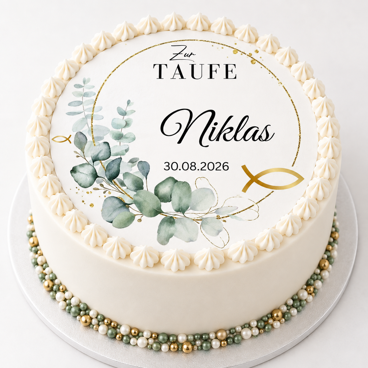 Tortenaufleger Taufe personalisiert – Eukalyptus gold Fische