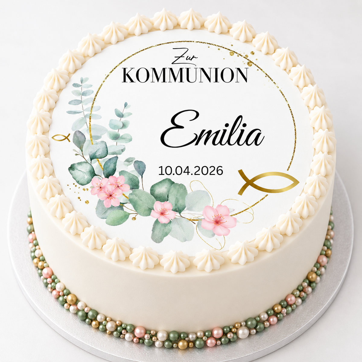 Essbarer Tortenaufleger zur Kommunion auf weißer Torte – Eukalyptus gold rosa, personalisiert mit Name und Datum