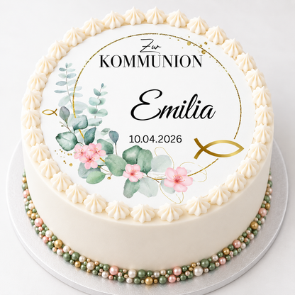 Essbarer Tortenaufleger zur Kommunion auf weißer Torte – Eukalyptus gold rosa, personalisiert mit Name und Datum