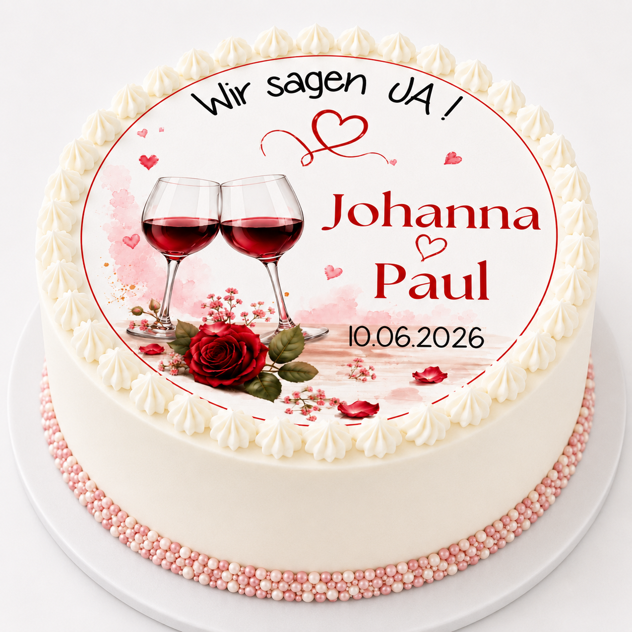 Tortenaufleger Hochzeit Wir sagen JA mit zwei Weingläsern und Rose – rundes Motiv