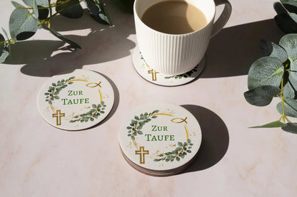 Untersetzer Taufe Gold Eukalyptus rund - Funny Bake
