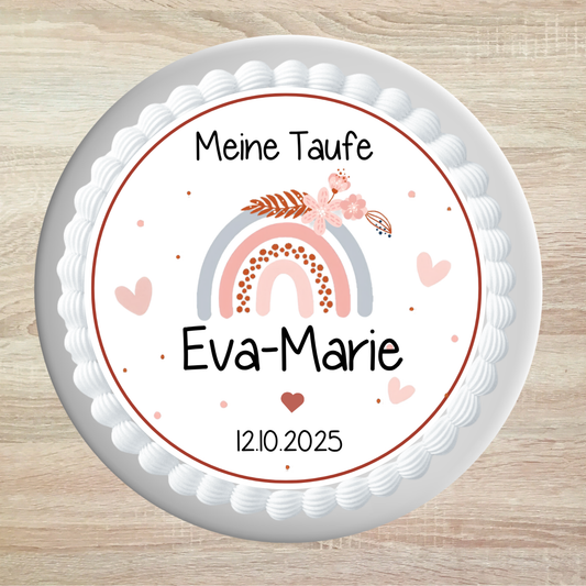 Tortenaufleger Taufe Regenbogen Boho orange – personalisiert mit Name & Datum