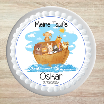Tortenaufleger Taufe Arche Noah – essbar, personalisiert mit Name & Datum
