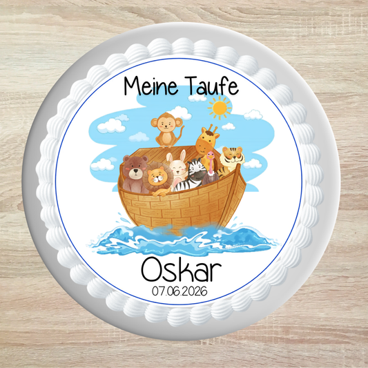 Tortenaufleger Taufe Arche Noah – essbar, personalisiert mit Name & Datum