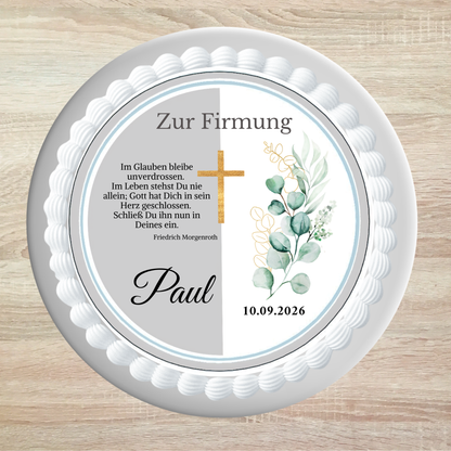 Tortenaufleger Firmung Eukalyptus Kreuz personalisiert