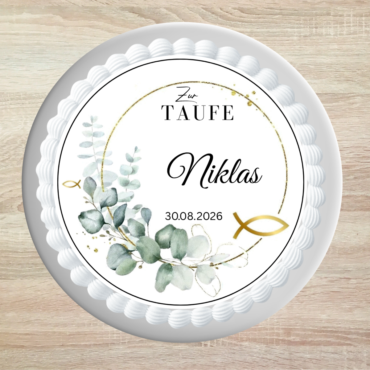 Tortenaufleger Taufe personalisiert – Eukalyptus gold Fische