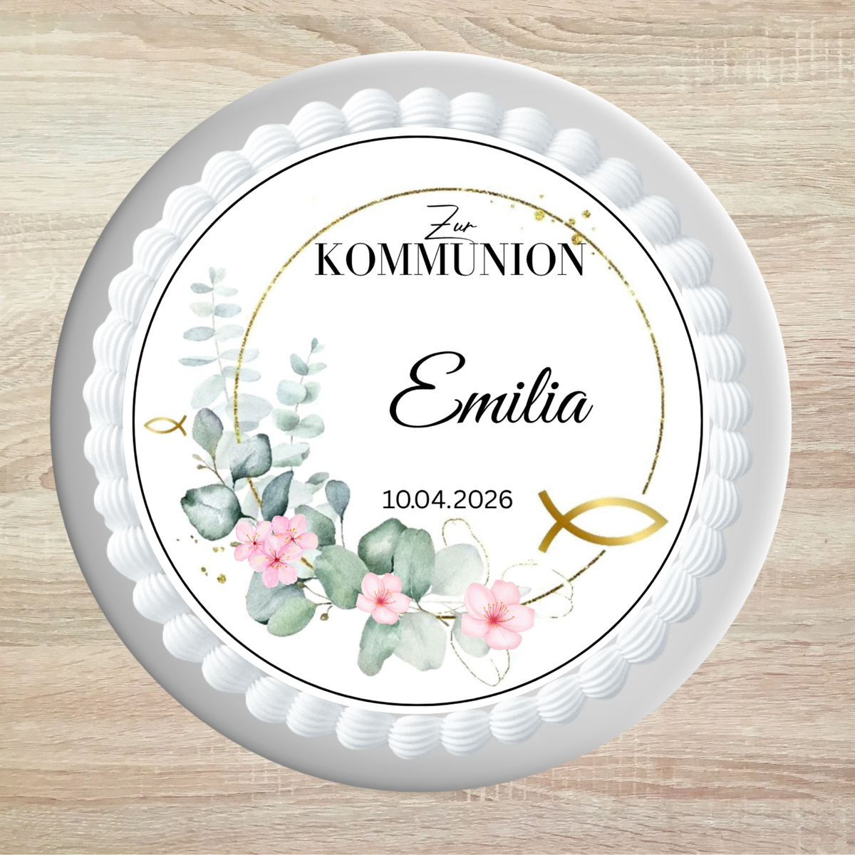 Kommunionstorte mit essbarem Aufleger Eukalyptus Ranke gold – Mädchen, personalisiert, elegant