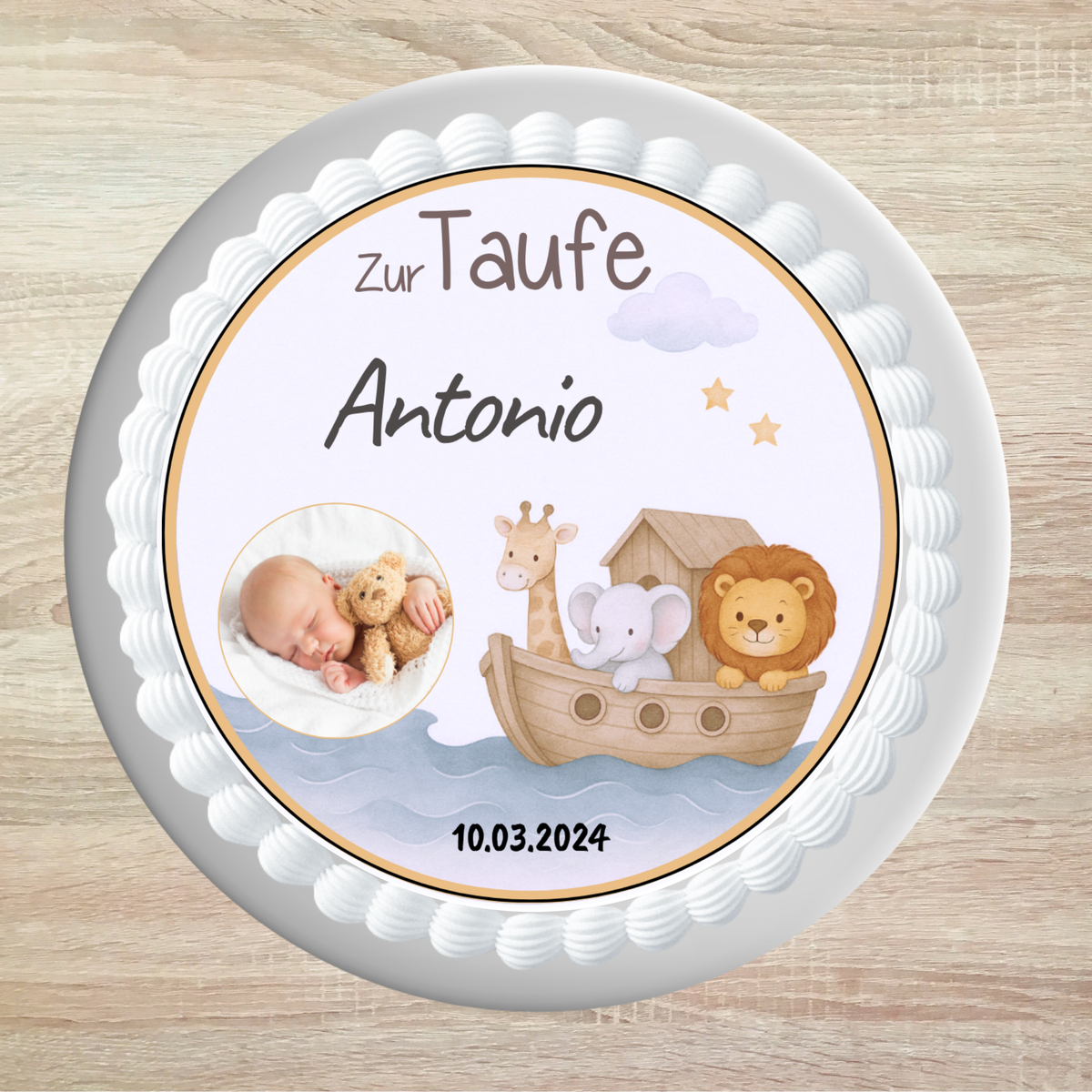 Tortenaufleger Taufe mit Arche & Tieren – personalisiert mit Name, Datum und Foto