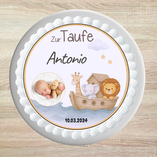 Tortenaufleger Taufe mit Arche & Tieren – personalisiert mit Name, Datum und Foto