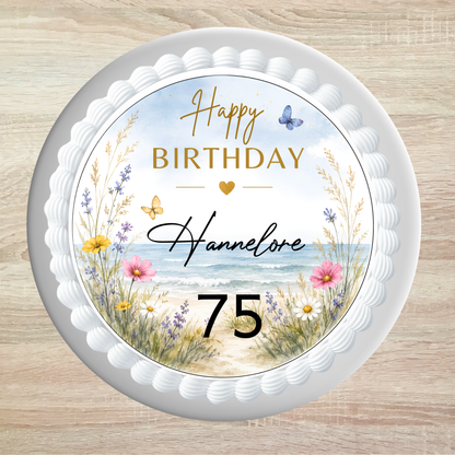 Tortenaufleger Blumen Frau Geburtstag – personalisierbar mit Name & Zahl