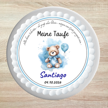 Tortenaufleger Taufe Junge Bär mit Ballon personalisiert