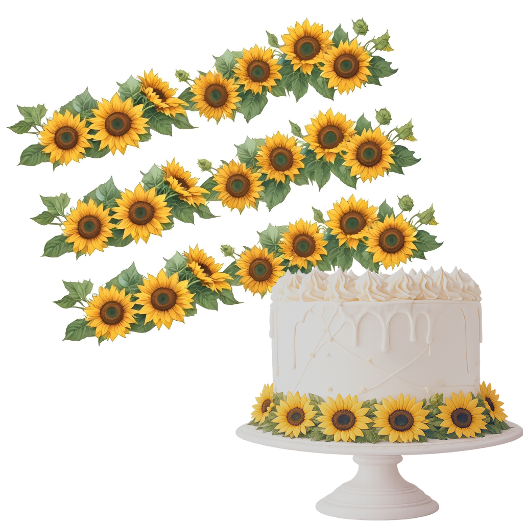 Tortenband Sonnenblumen mit Grün – essbare Tortendekoration
