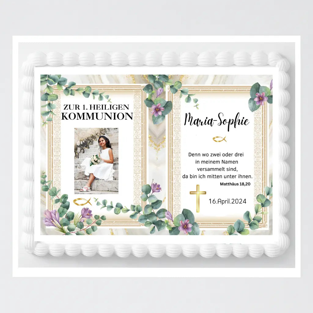 Tortenaufleger zur Kommunion mit Bild – für Blechkuchen www.funnybake.de