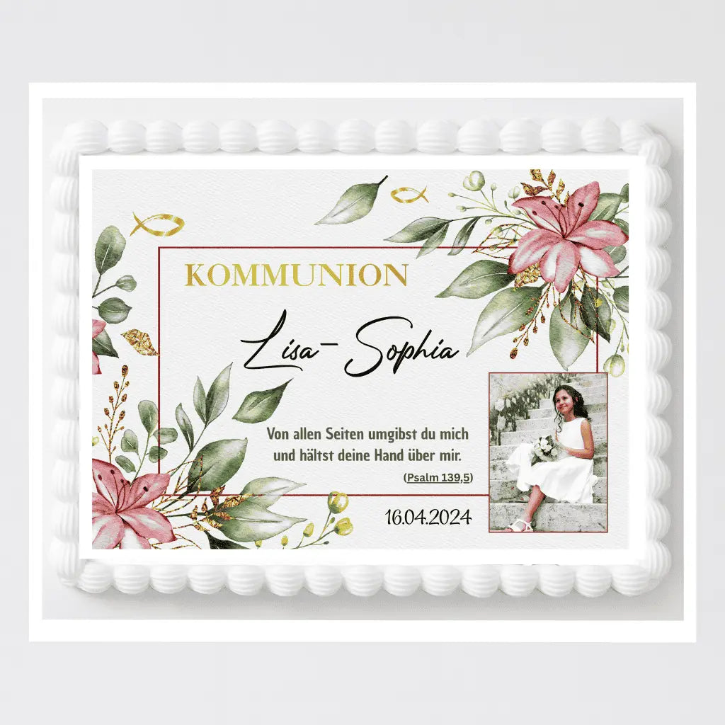 Tortenaufleger zur Kommunion mit Blumen – eckig & personalisierbar Funnybake.de